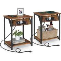 End Table with Charging Station, Set of 2, Small Side Tables for Living Room, Bedroom, Nightstand with Outlets and USB Ports