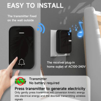 EU UK US Plug Black Acrylic Kinetic Energy Wireless Doorbell 38 Songs No Battery Waterproof Self Powered Door Bell