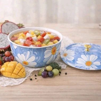 BASKOM STENLIS ENAMEL BUNGA DENGAN TUTUP ANTI KARAT Biru