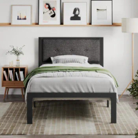 Twin Single Bed Frame with Upholstered Headboard, Platform Bed Frame with Metal Slats