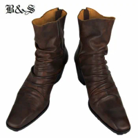 Black&amp; Street 7cm high Heel Gentleman Dress Boot for Men Leather Chukka Designer Zipper-up Casual Boots