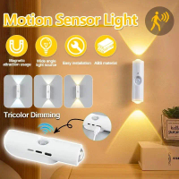 LED Smart Motion Sensor Wall Night Light USB Rechargeable Automatic Control 3 Color Wall Lamp with S