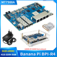 Banana Pi BPI-R4 4GB RAM 8G eMMC 128MB SPI NAND Flash MT7988A Quad-core Arm Corex-A73 Smart Router Board Optional Case Fan