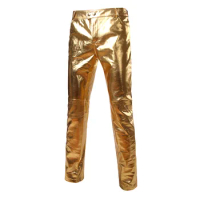 Gold Metallic Pu Leather Motorcycle Pants Men Skinny Tights Disco Party Halloween Trousers Stage Dancer Prom Pantalones Hombre