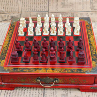 Factory price High end gift Antique chess Collectibles Vintage 32 chess set Terracotta Army pieces wooden table chess pieces