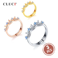 CLUCI 3pcs 925 Sterling Silver Rose Gold Crown Ring for Women Silver 925 Pearl Ring Mounting Adjustable Ring Zircon SR2227SB