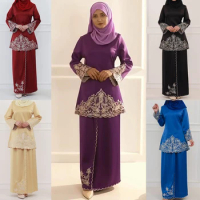 Muslim Sets Long Sleeve Tops Skirts Malaysia Baju Kurung Turkish Suit Embroidery Casual Solid Women Matching Set Ladies Outfits