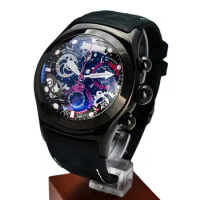Reef Tiger/RT Luminous Sport Watch for Men Skeleton Black Steel Watches Genuine Leather Band RGA792
