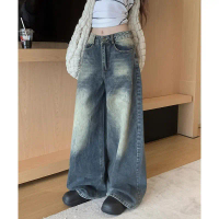 Seluar Jeans Kaki Lebar, Gaya Retro Amerika, untuk Wanita Kecil, Kasual, Pinggang Tinggi, Longgar, P