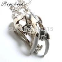 Gothic Smilodon Dinosaur Skull Necklace La Brea Tar Pits Saber Toothed Tiger Cranium Skull Pendant G