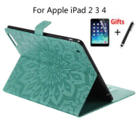 Sun Embossed Pattern case For Apple iPad 2 3 4 Cases PU Leather Flip Stand cover For iPad2 iPad3 iPad4 Cover Funda Shell+ Gifts