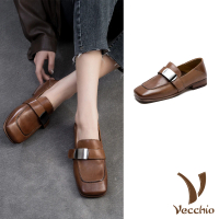 【Vecchio】真皮樂福鞋 方頭樂福鞋/全真皮馬皮方頭金屬方釦造型百搭樂福鞋(棕)