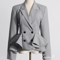 Tesco Trendy Women's Blazer Suit Gray Ruffles Design Jacket Senior Double Breasted Long Sleeve Black New Jacket For Streetwear