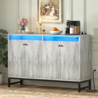 Sideboard Buffet Cabinet with Power Outlet, Kitchen Storage Cabinet with LED Light &amp; Doors, Cabinet Cupboard Buffet Table
