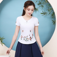 中國風刺繡純棉T恤女裝半袖民族風復古顯瘦短袖白色上衣修身小衫