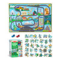 【Melissa &amp; Doug 瑪莉莎】環球賽車軌道地板拼圖 48pcs(含發條車2入)