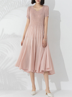 40788 One Size (45-75kg) Pleated WomenS Handmade Solid Color Round Neck Short Comfortable Elegant Sl