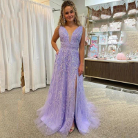 2023 Arabic Glittering Lavender Mermaid Evening Dresses Sexy V-Neck Crystals Prom Gowns Beads Party Gowns