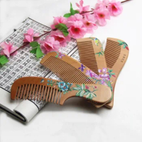 1pcs Natural Peach Solid Wood Comb Engraved Peach Wood Healthy Massage Anti-Static Comb Hair Care Tool Beauty Accessories