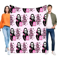 ผ้าห่ม Ghostface Scream สีชมพู ลายโทรศัพท์หัวใจ นุ่ม อบอุ่น สำหรับแฟนหนังสยองขวัญ ตกแต่งบ้านในวันฮาโ