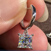 Custom Solid 10K White Gold Women Drop Clip Hoop Earrings Moissanite Diamonds Princess Square Wedding Engagement Anniversary