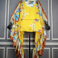 Kuwait Fashion Boho PrintedOne-Shoulder Puff Sleeves Silk Printed Kaftan Blouse Oversized Kuwait Blogger Popular Loose Top Dress