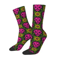 Funny Mens Day Of The Dead Mexican Sugar Skull Dress Socks Unisex Comfortable Warm 3D Printed Flower Crew Socks