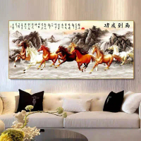 KOKOPAINTING Lukisan Porcelain Diamond Painting 5D Kristal LED Motif 8 Kuda Fengshui Kaligrafi Cina 
