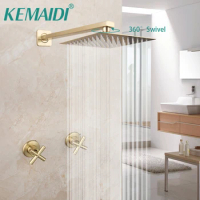 KEMAIDI Brushed Gold Bathroom Shower Set Rainfall Shower Head 2 Handle Shower Faucet Wall Mounted Bath Shower Mixer Water Set