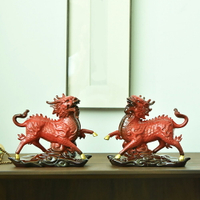 紅色麒麟擺件一對新中式客廳玄關辦公室招財擺設陶瓷藝術品