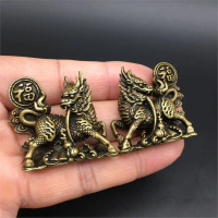 Đồ trang trí cặp kỳ lân bằng đồng thau nguyên chất, nhân vật may mắn mini bằng đồng, trang trí kỳ lâ