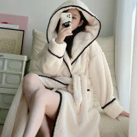 Belt Fleece Robe Women Sleepwear For Hooded Homewear Japanese Sleeve Nightgown Warm Nightdress Long Night Pajama Winter Wears