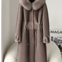 Mom's Mink Fleece Medium length Fur Coat for Middle and Old Age Women's Gold Mink Fleece Hair Hooded Fur Coat