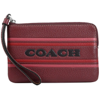 【COACH】新版經典品牌LOGO條紋皮革手提零錢包手拿包(酒紅)