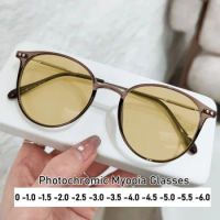 Unisex Women Men Round Photochromic Myopia Glasses Luxury Color Changing Near Sight Sunglasses Prescription Minus Eyeglasses