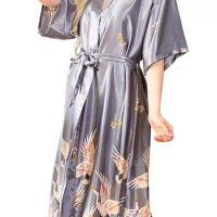 Gray satin Long Bathrobe Women Wedding Bride Bridesmaid Robe Nightgown Sleepwear Print Crane Kimono Size S M L XL XXL XXXL