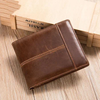 Men's Short Wallet Bifold Genuine Leather RFID Blocking Card Holder Case Male Money Clip with Zipper Coin Purse