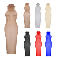 Womens Sexy Dresses Ultra-thin Silky See Through Sheer Dress Ladies Bodycon Sleeveless Midi Bodycon Stocking Dress