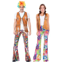 Adult 60s 70s Retro Hippie Girl Disco Costume Hip Hop Singer Cosplay for Women Men Couple Fancy Costumes Dress