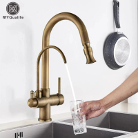 【HOT Kitchen faucet】 Antique Brass  Water Filter Kitchen Faucet Dual Handle Hot Cold Drinking Water 