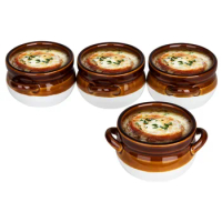 Round Onion Soup Crocks, 18 Oz Capacity, Dishwasher and Microwave Safe, Ceramic, Brown