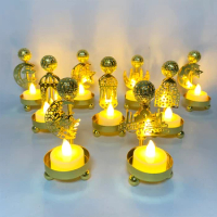 Ramadan Decorations 10 Pack Flameless LED Star Moon Holder Golden Metal Candlestick Lantern Castle Candles
