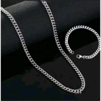Kalung Rantai Titanium + Gelang Rantai Warna Silver Set Perhiasan Eksklusif