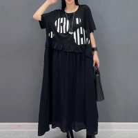 XITAO Loose Patchwork Female Striped Print Dress Personality Ruffles Women Summer New Casual Simplicity Irregular Dress ZY8730