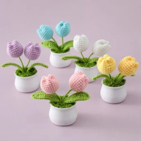 Tulips Crochet Flower Pot Knitting Flower Pots Wedding Table Decor Hand Woven Artificial Potted Ornament Aesthetics Room Decor