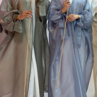 Summer Eid Djellaba Abaya Dubai Soft Kimono Puff Sleeves Muslim Silky Abaya Dubai Turkey Muslim abaya Islam Abayas WY800