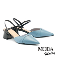 【MODA Moday】優雅撞色交叉踝帶羊皮尖頭高跟鞋(藍)