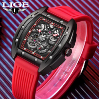 LIGE Top Luxury Fashion Mechanical Watch Square Silicone Strap Hollow Watch for Men Luminous Waterproof Chronograph Reloj Hombre