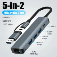 USB C HUB USB-C USB-A Multiport Adapter Type C USB 3.0 Data Transfer Gigabit Ethernet RJ45 Docking Station for MacBook Pro