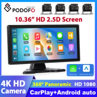 Podofo Car Monitor Mirror Video Player 10.36" Monitor Wireless CarPlay Android Auto GPS Rearview Camera Dashboard Video